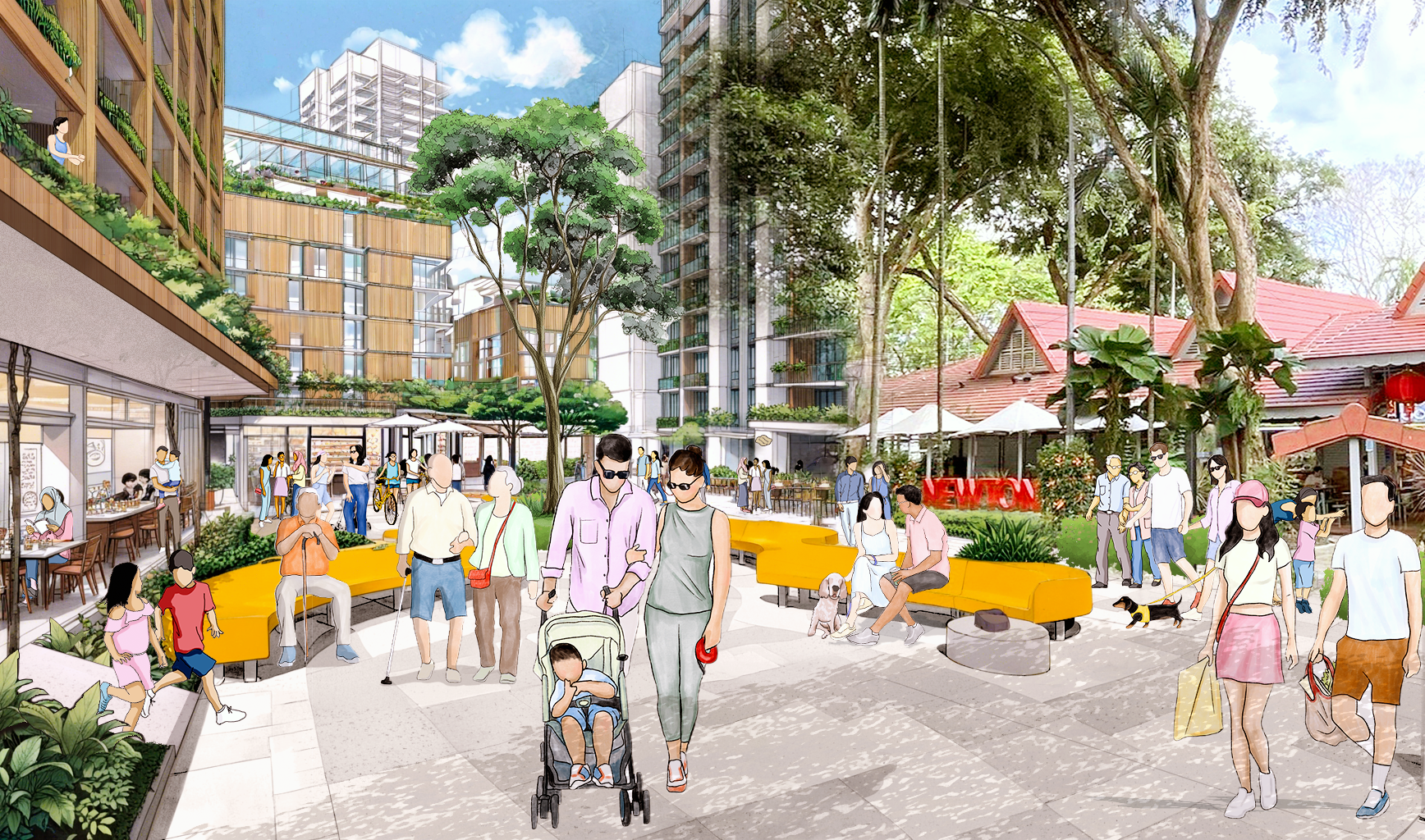 Illustration of people enjoying a mixed-use development with shops, restaurants, apartments, and green spaces.